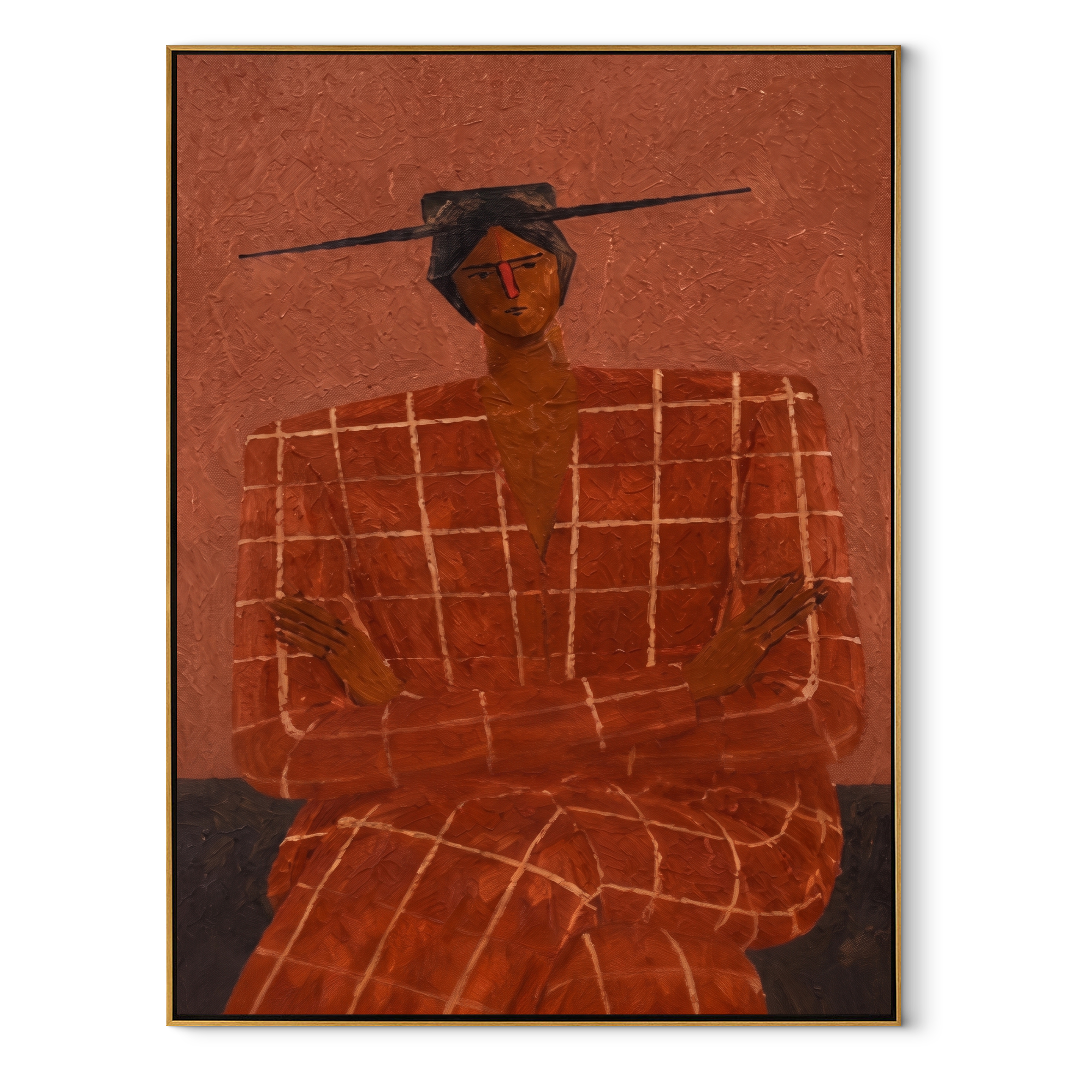 Terra Checks Take Seat abstract figurative textured painting, vertical canvas artwork
