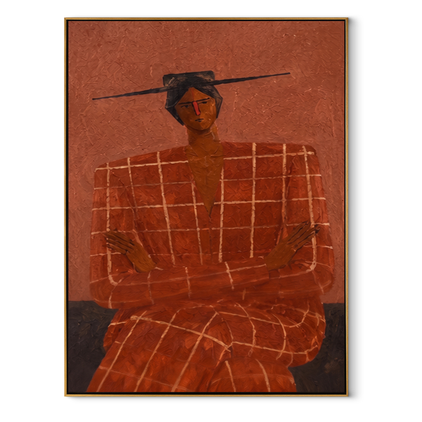 Terra Checks Take Seat – Seated Checkered Figure Painting | Mid-Century Modern Vertical Wall Art