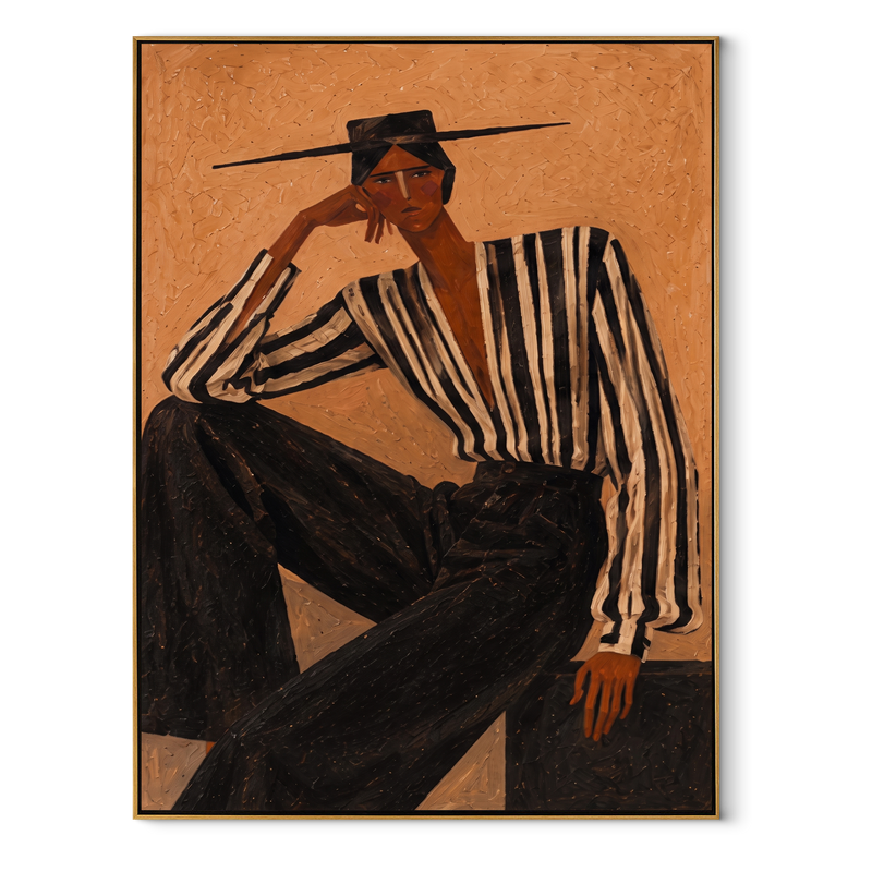 Black Stripes Lean Terra – Reclining Stripe Figure Painting | Mid-Century Modern Vertical Wall Art