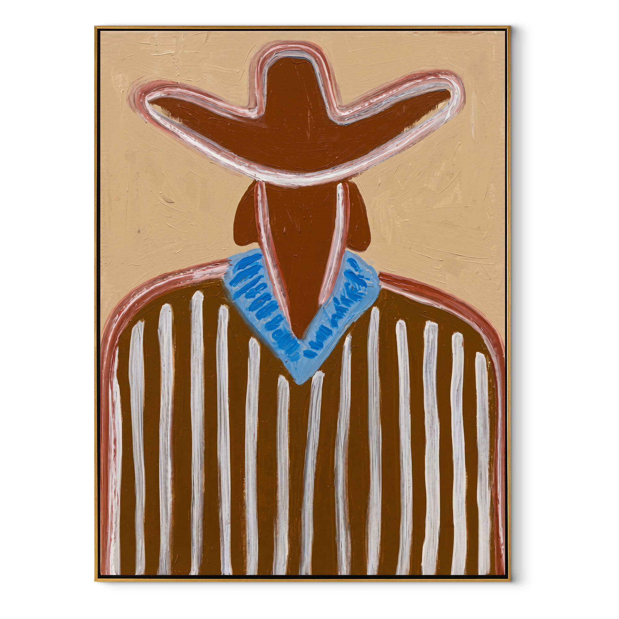 Blue Collar Brightens Brown abstract figurative textured painting, vertical canvas artwork