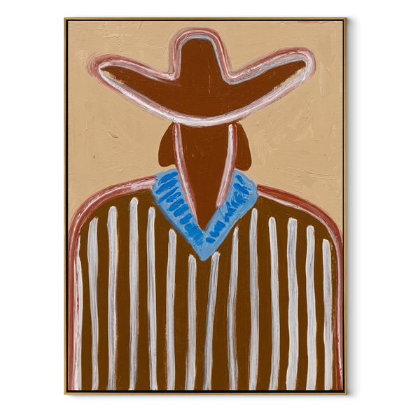 Blue Collar Brightens Brown – Brown Stripe Cowboy Portrait Painting | Mid-Century Modern Vertical Wall Art