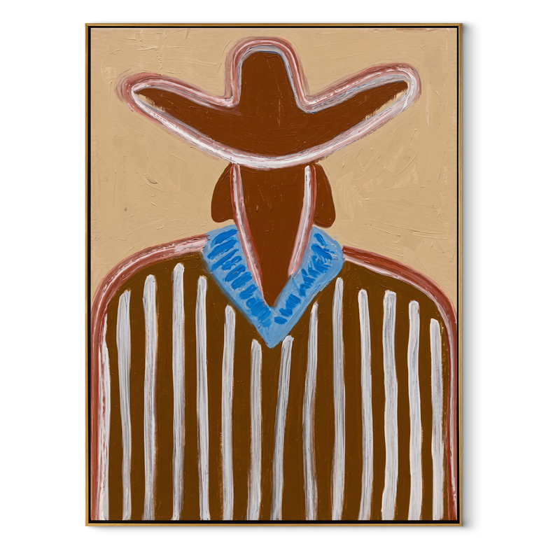 Blue Collar Brightens Brown – Brown Stripe Cowboy Portrait Painting | Mid-Century Modern Vertical Wall Art