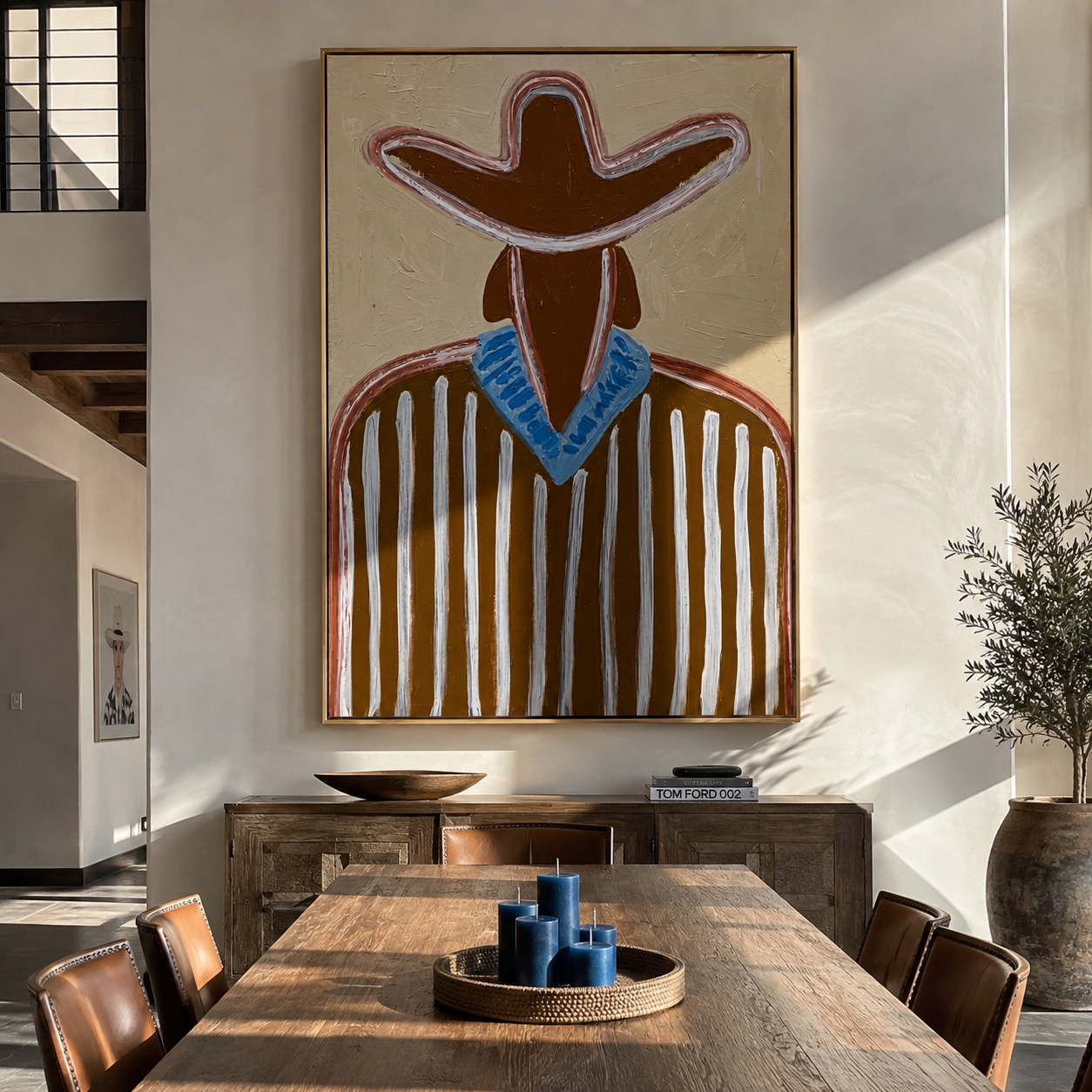 Blue Collar Brightens Brown presented above a contemporary console