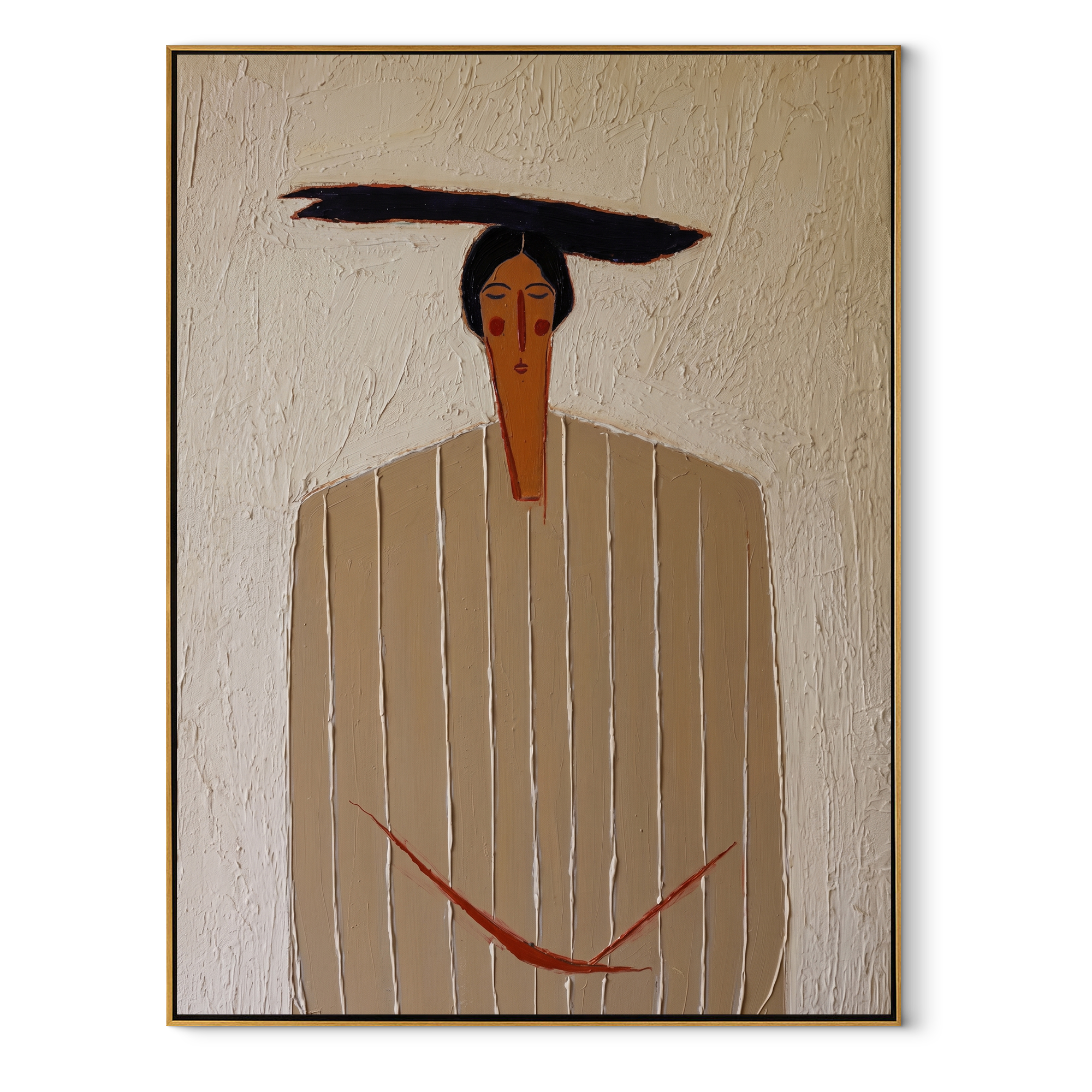 Ivory Lines Hold Cord abstract figurative textured painting, vertical canvas artwork