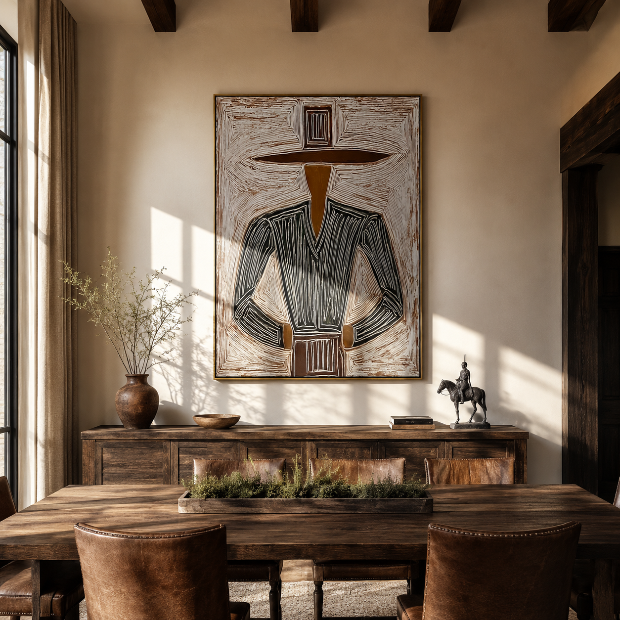 Charcoal Jacket Meets Field displayed in a warm contemporary interior