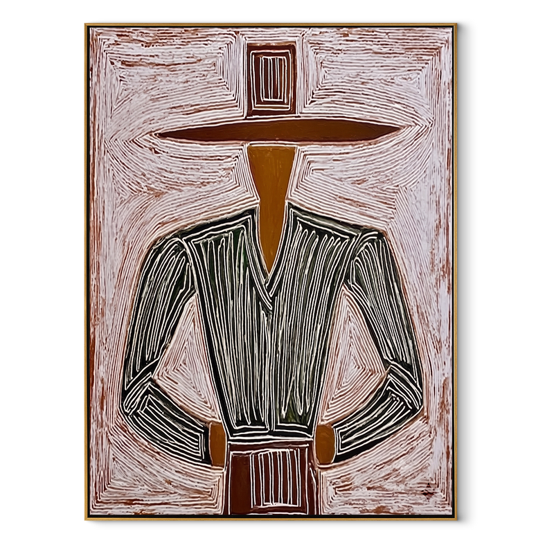 Charcoal Jacket Meets Field – Charcoal Hat Figure Painting | Mid-Century Modern Vertical Wall Art