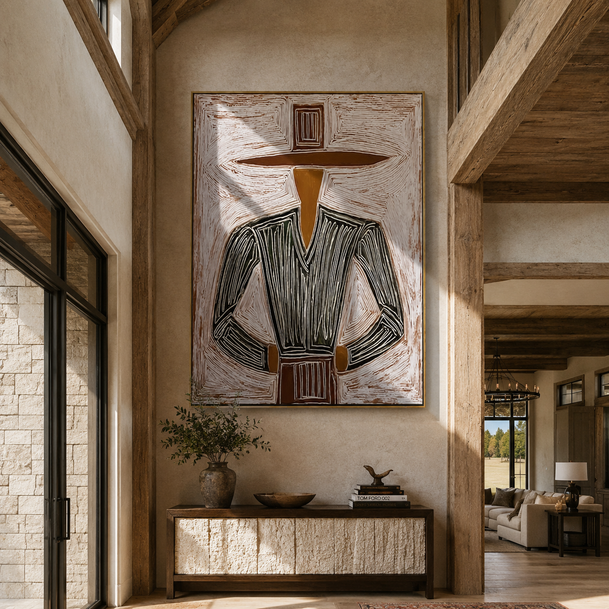 Charcoal Jacket Meets Field presented above a contemporary console