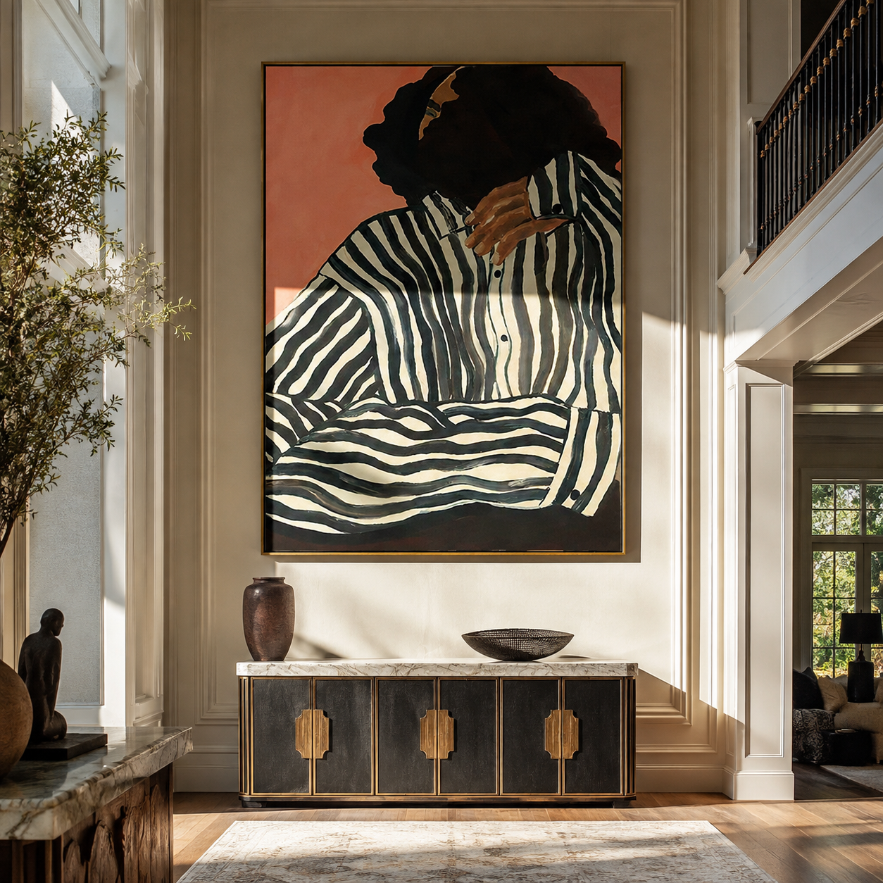 Green Stripes in Light displayed in a warm contemporary interior