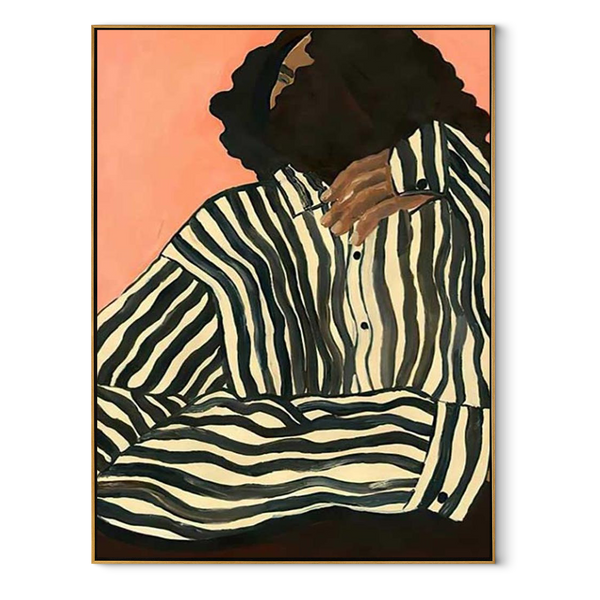 Green Stripes in Light – Contemplative Stripe Woman Painting | Mid-Century Modern Vertical Wall Art