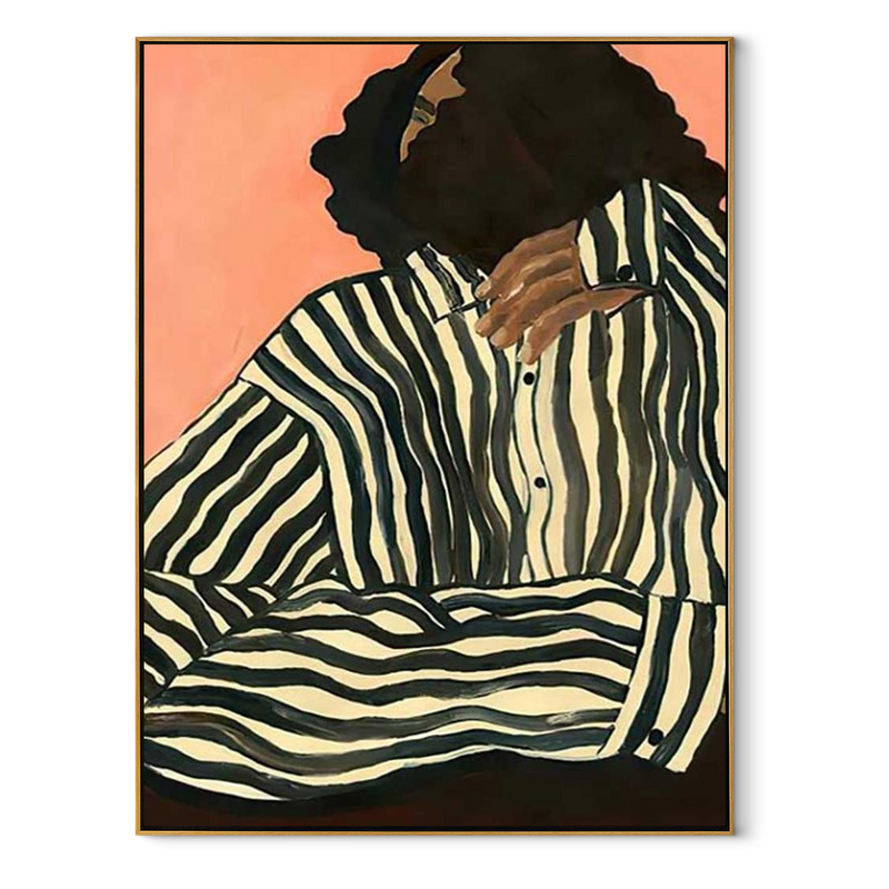 Green Stripes in Light – Contemplative Stripe Woman Painting | Mid-Century Modern Vertical Wall Art