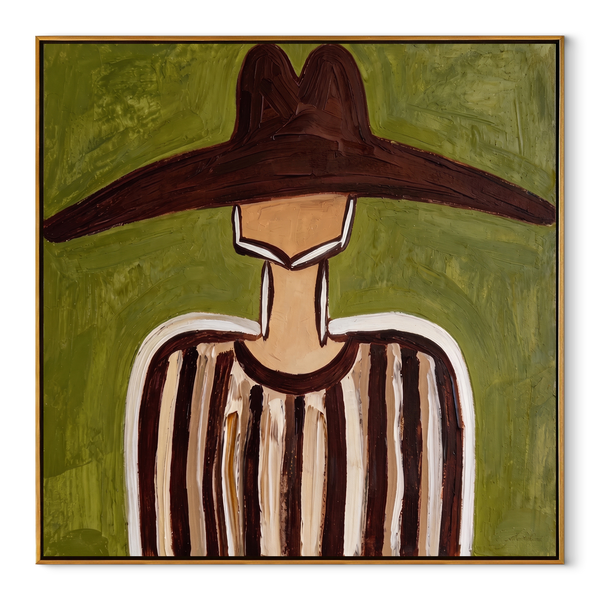 Brown Brim Crosses Olive – Brown Stripe Hat Portrait Painting | Mid-Century Modern Square Wall Art
