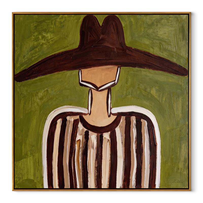 Brown Brim Crosses Olive – Brown Stripe Hat Portrait Painting | Mid-Century Modern Square Wall Art