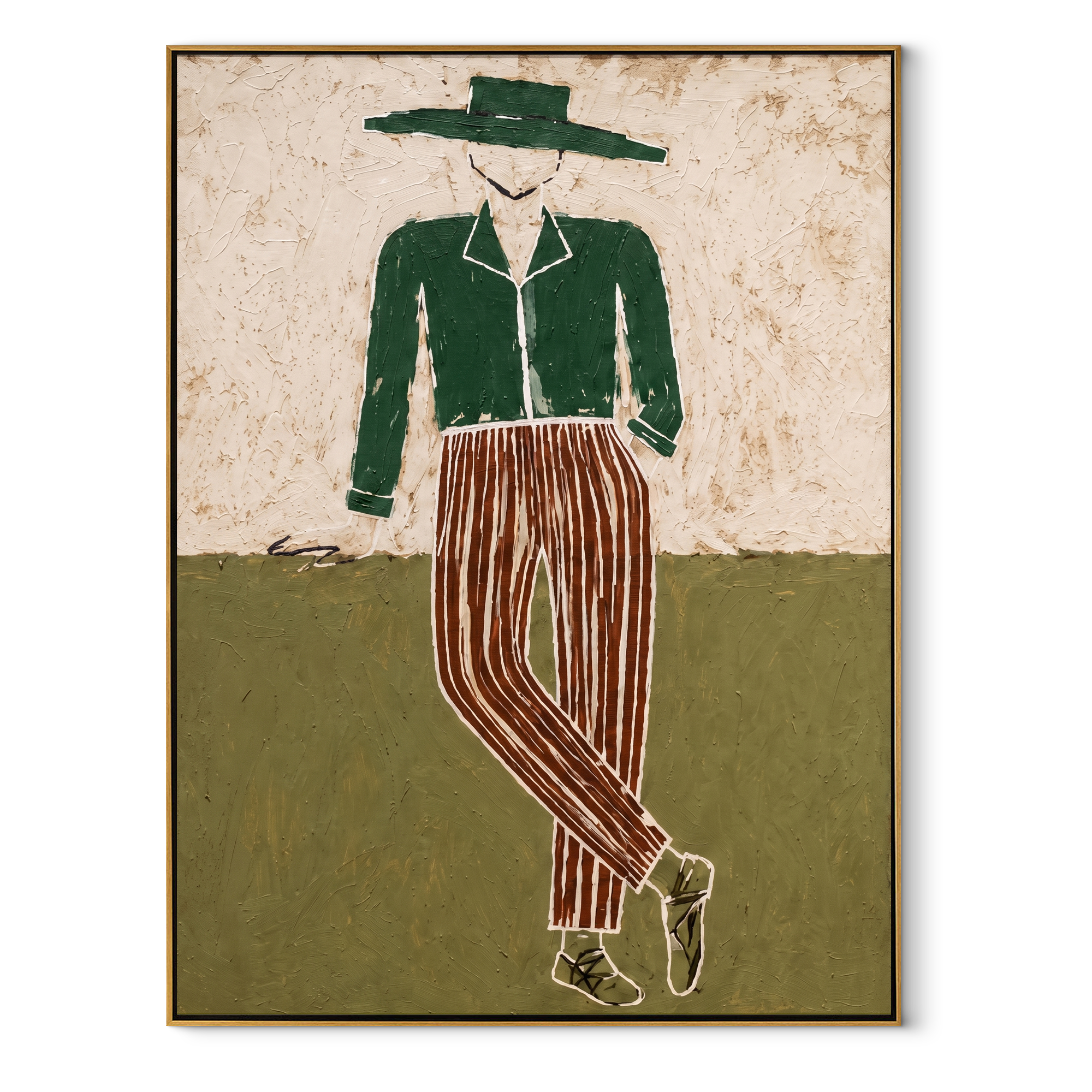 Green Jacket Walks Plain abstract figurative textured painting, vertical canvas artwork
