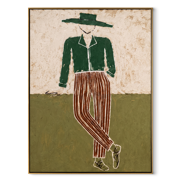 Green Jacket Walks Plain – Standing Green Jacket Figure Painting | Mid-Century Modern Vertical Wall Art