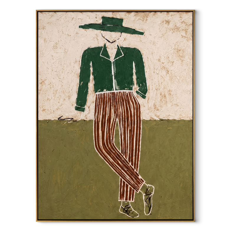 Green Jacket Walks Plain – Standing Green Jacket Figure Painting | Mid-Century Modern Vertical Wall Art