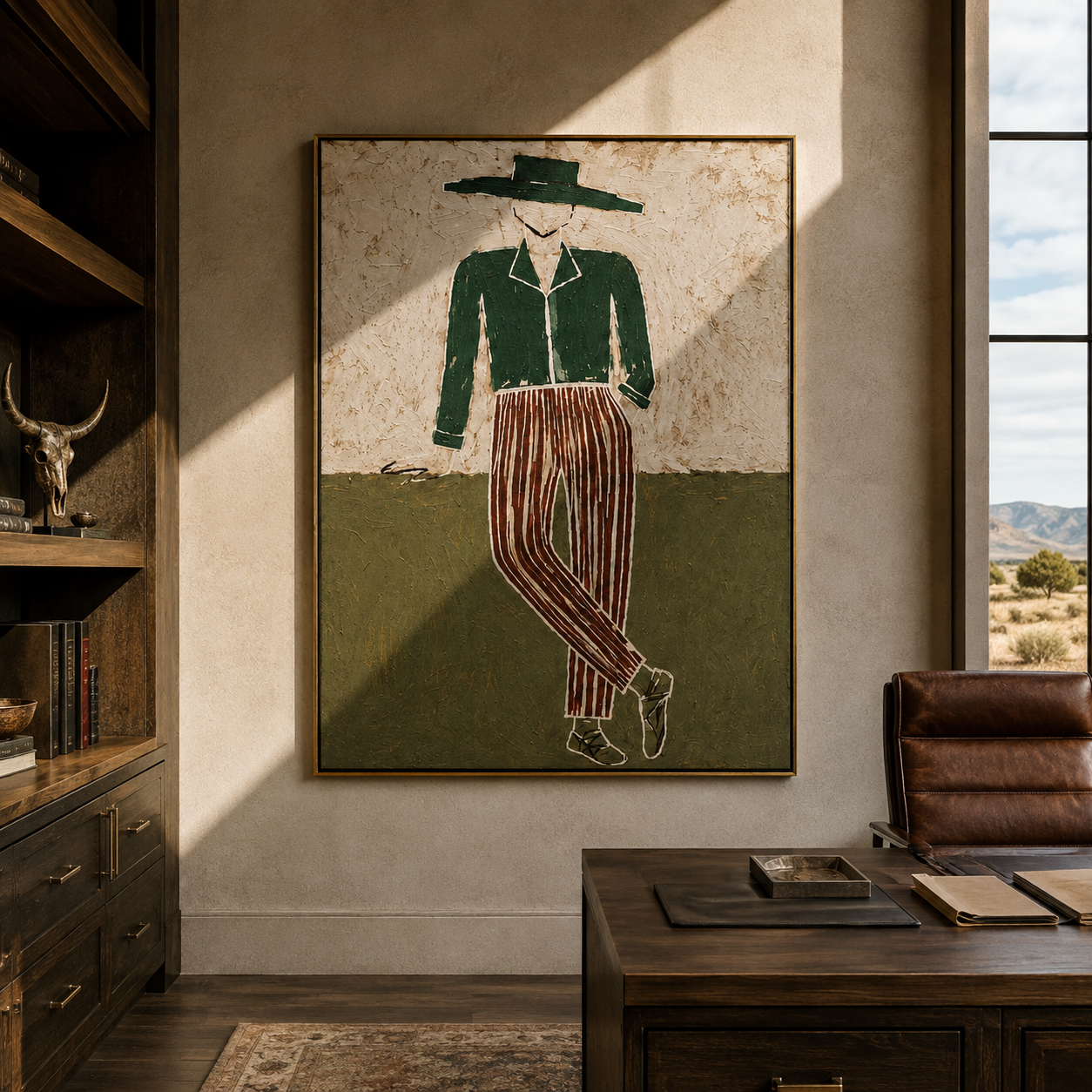 Green Jacket Walks Plain styled in a layered residential interior