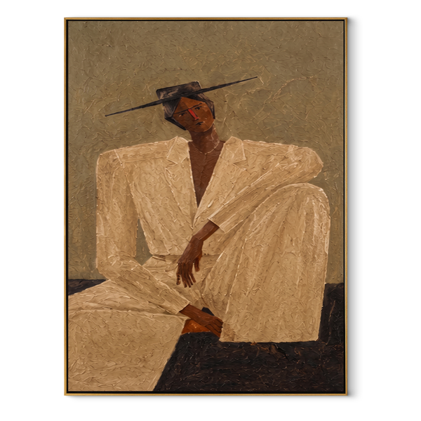 Ivory Angles in Sand – Seated Ivory Suit Figure Painting | Mid-Century Modern Vertical Wall Art
