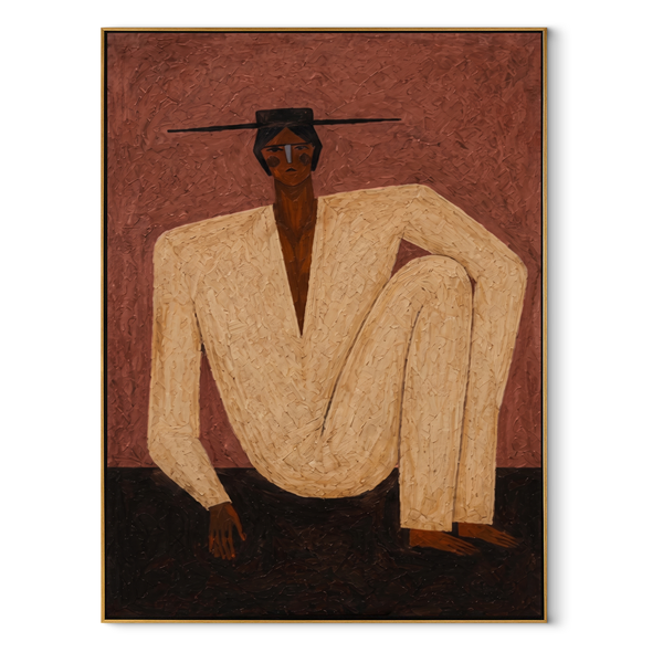 Ivory Knee through Rose – Seated Ivory Figure Painting | Mid-Century Modern Vertical Wall Art