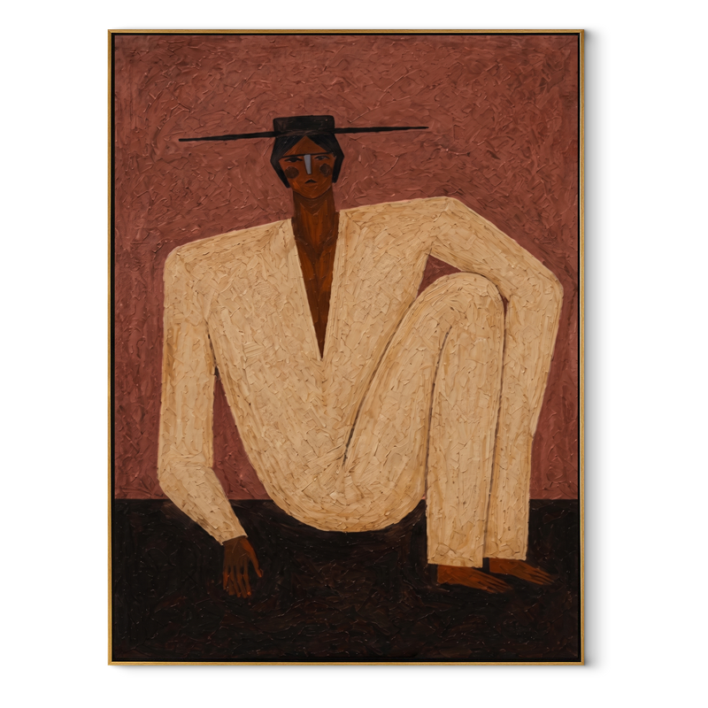 Ivory Knee through Rose – Seated Ivory Figure Painting | Mid-Century Modern Vertical Wall Art