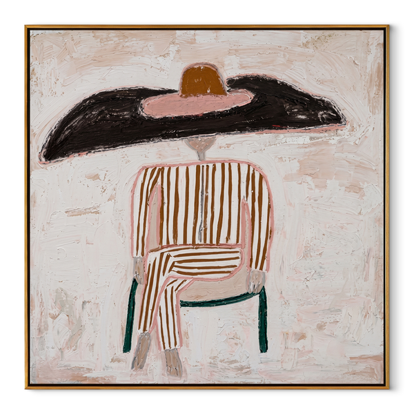 Black Brim on Lines – Chairbound Stripe Hat Figure Painting | Mid-Century Modern Square Wall Art