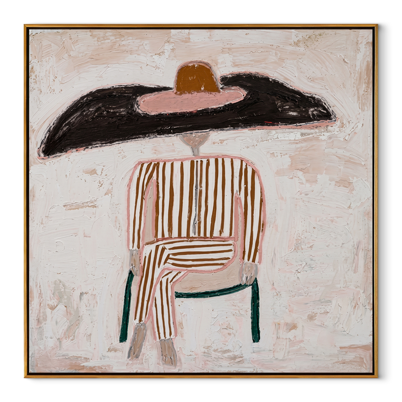 Black Brim on Lines – Chairbound Stripe Hat Figure Painting | Mid-Century Modern Square Wall Art