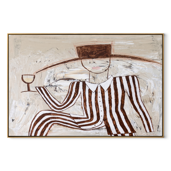 Brown Stripes with Wine – Reclining Wine Figure Painting | Mid-Century Modern Horizontal Wall Art