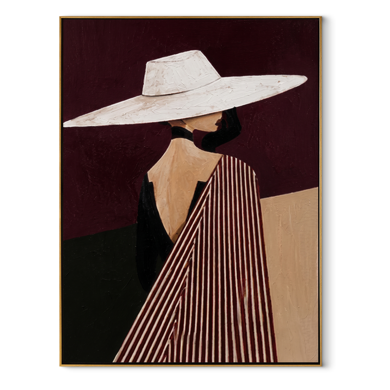 White Brim toward Burgundy – Profile White Hat Figure Painting | Mid-Century Modern Vertical Wall Art