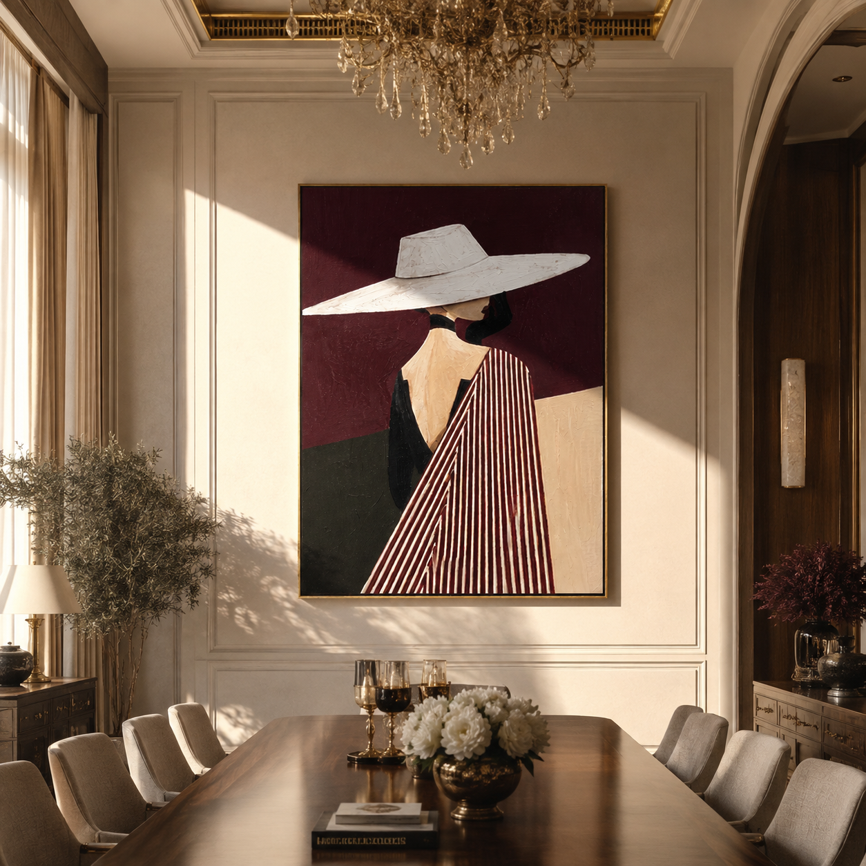 White Brim toward Burgundy presented above a contemporary console
