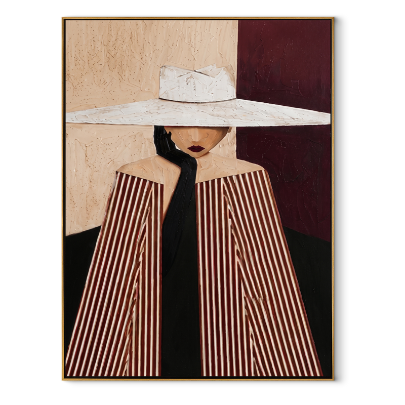 White Brim Divides Room – White Hat Stripe Woman Painting | Mid-Century Modern Vertical Wall Art