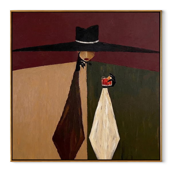 Black Horizon Holds Glass – Black Hat Wine Figure Painting | Mid-Century Modern Square Wall Art