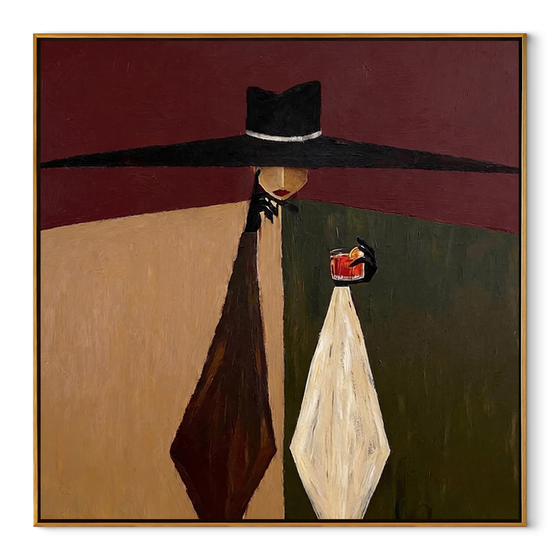 Black Horizon Holds Glass – Black Hat Wine Figure Painting | Mid-Century Modern Square Wall Art
