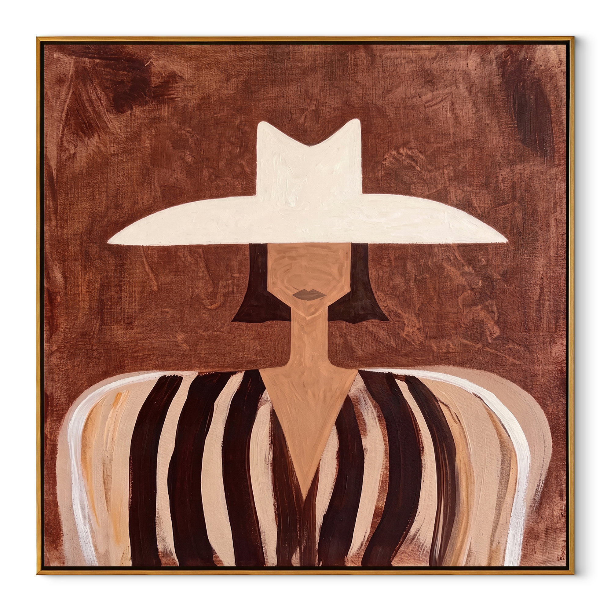 White Brim over Cocoa abstract figurative textured painting, square canvas artwork