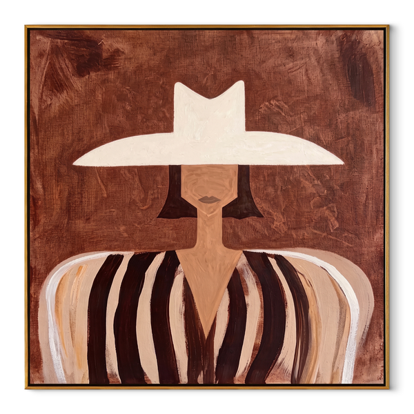 White Brim over Cocoa – White Hat Brown Stripe Figure Painting | Mid-Century Modern Square Wall Art
