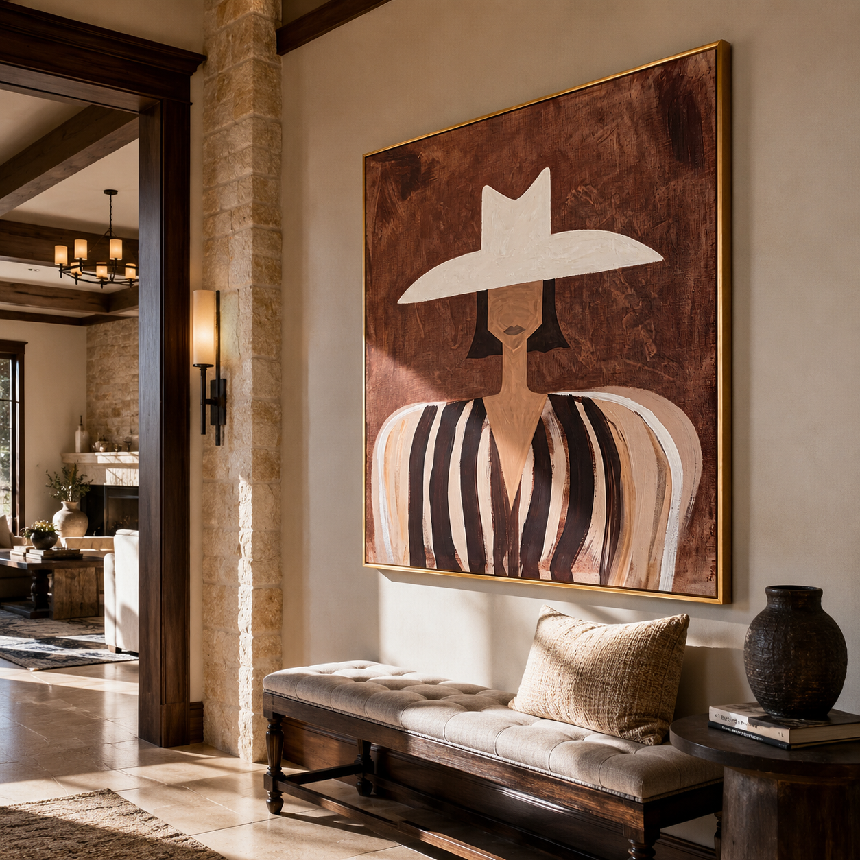 White Brim over Cocoa styled with neutral modern furnishings