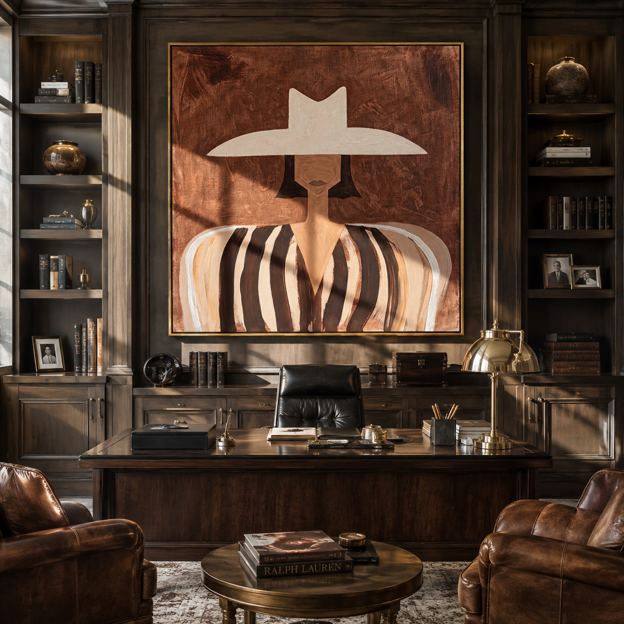 White Brim over Cocoa styled in a layered residential interior