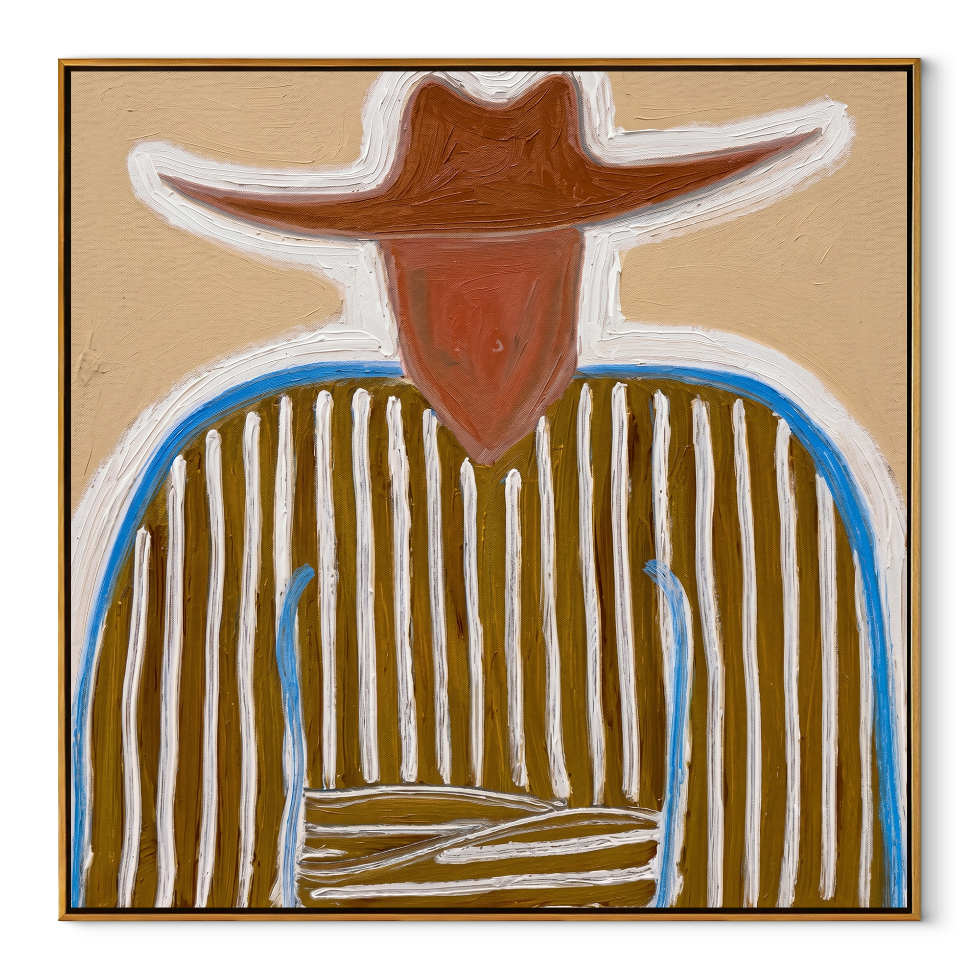 Blue Edge Traces Stripes abstract figurative textured painting, square canvas artwork