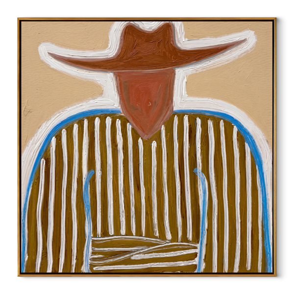 Blue Edge Traces Stripes – Blue Trim Cowboy Portrait Painting | Mid-Century Modern Square Wall Art
