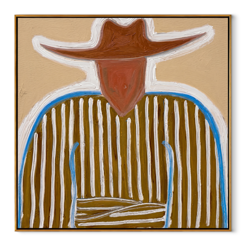 Blue Edge Traces Stripes – Blue Trim Cowboy Portrait Painting | Mid-Century Modern Square Wall Art