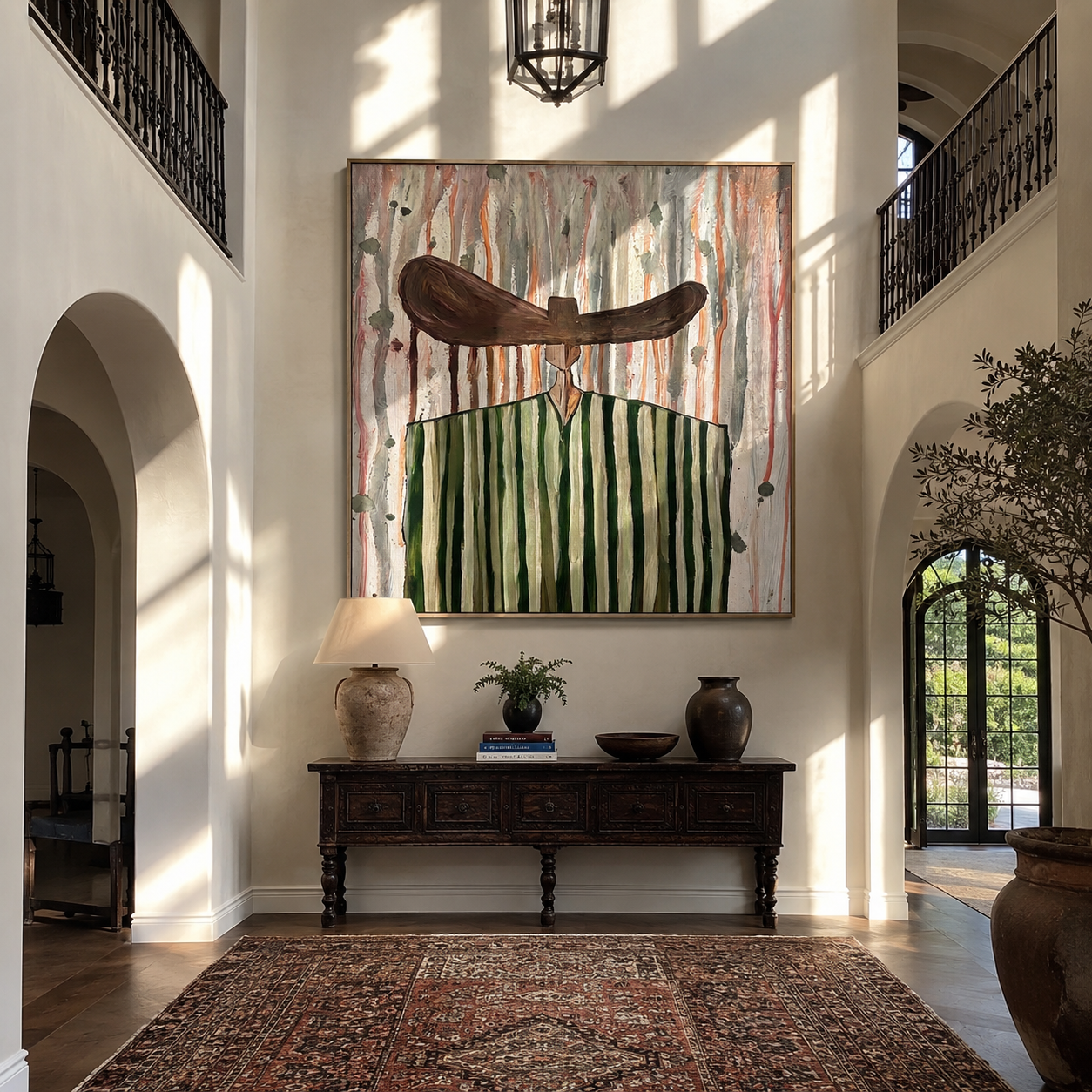 Green Stripes in Rain displayed in a warm contemporary interior