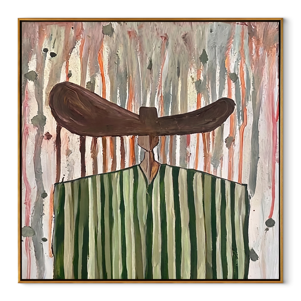 Green Stripes in Rain – Green Stripe Wide Hat Figure Painting | Mid-Century Modern Square Wall Art