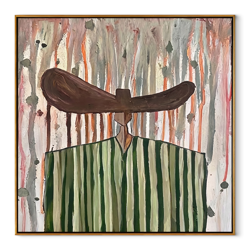 Green Stripes in Rain – Green Stripe Wide Hat Figure Painting | Mid-Century Modern Square Wall Art