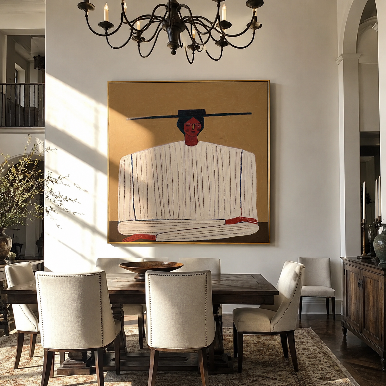 Ivory Stripes on Ochre displayed in a warm contemporary interior