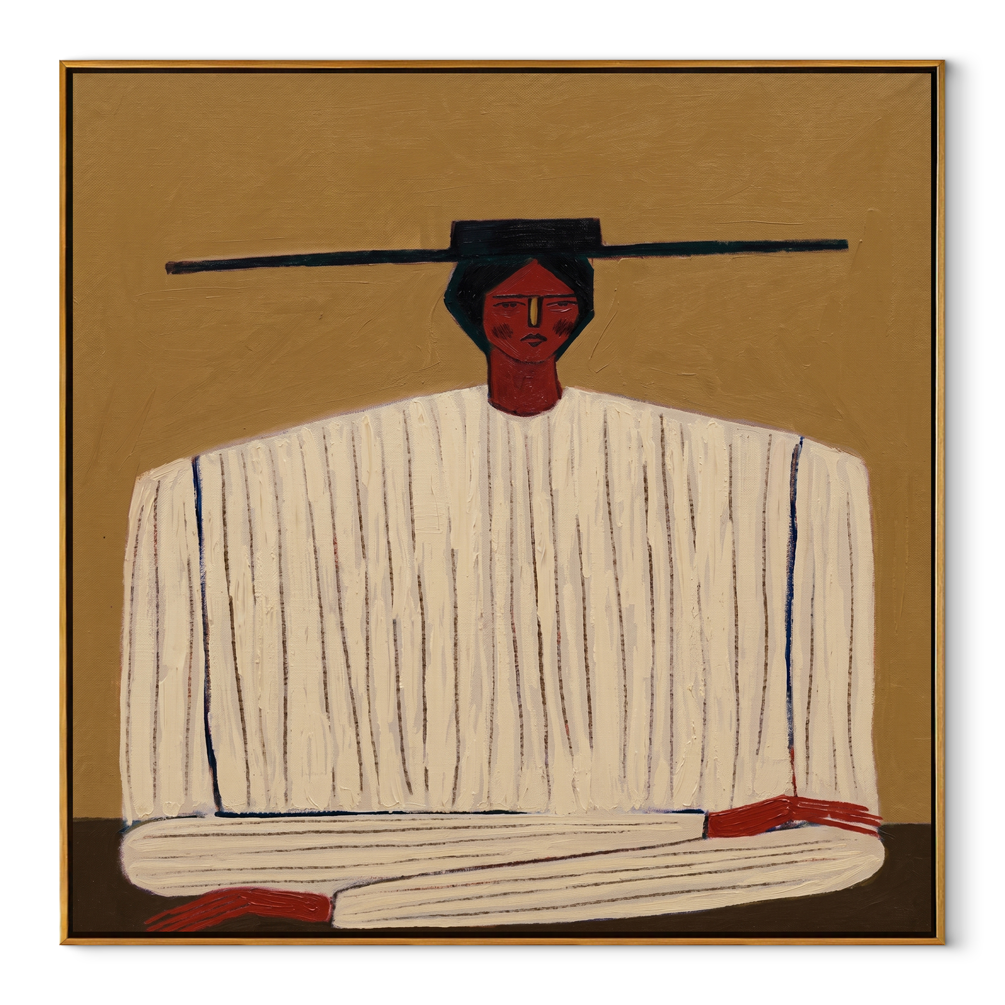 Ivory Stripes on Ochre abstract figurative textured painting, square canvas artwork