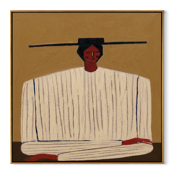 Ivory Stripes on Ochre – Ivory Stripe Seated Portrait Painting | Mid-Century Modern Square Wall Art