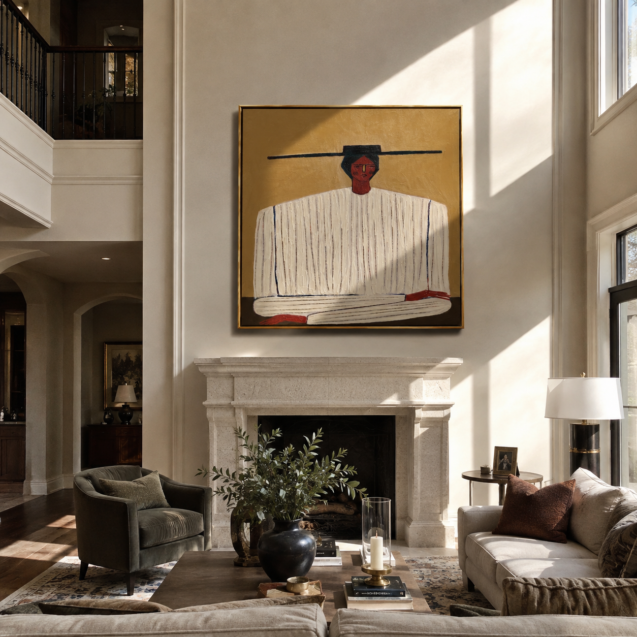 Ivory Stripes on Ochre displayed as a modern room focal point
