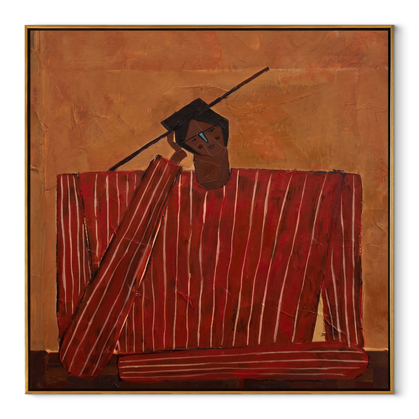 Scarlet Checks Hold Thought – Red Checkered Seated Figure Painting | Mid-Century Modern Square Wall Art
