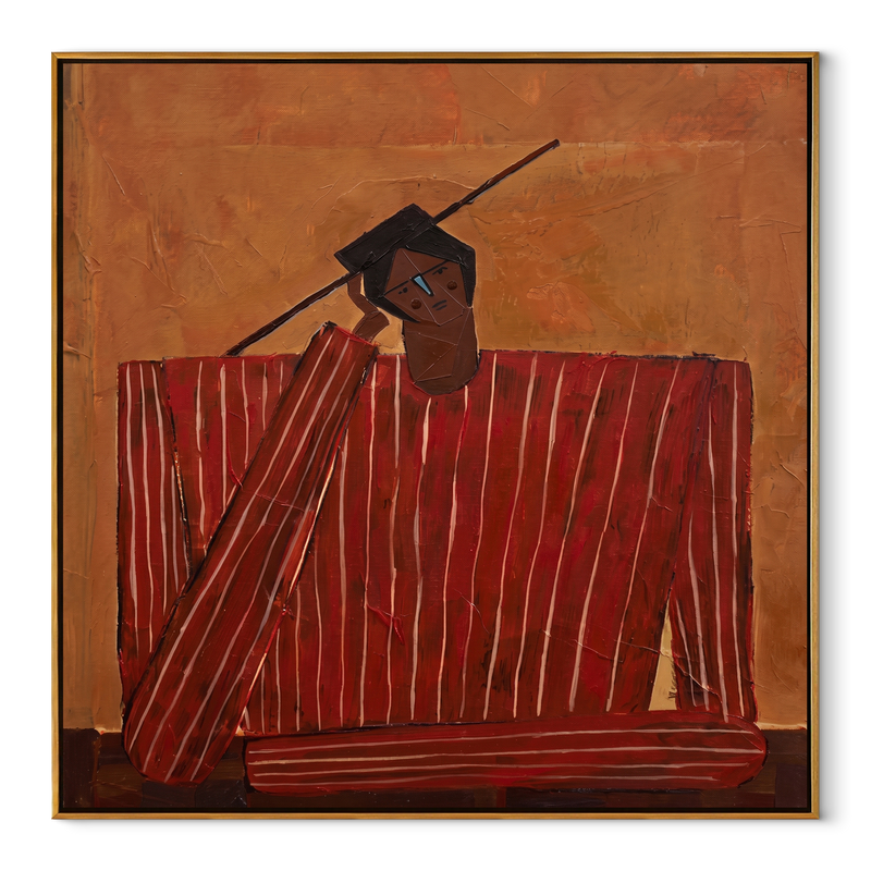 Scarlet Checks Hold Thought – Red Checkered Seated Figure Painting | Mid-Century Modern Square Wall Art