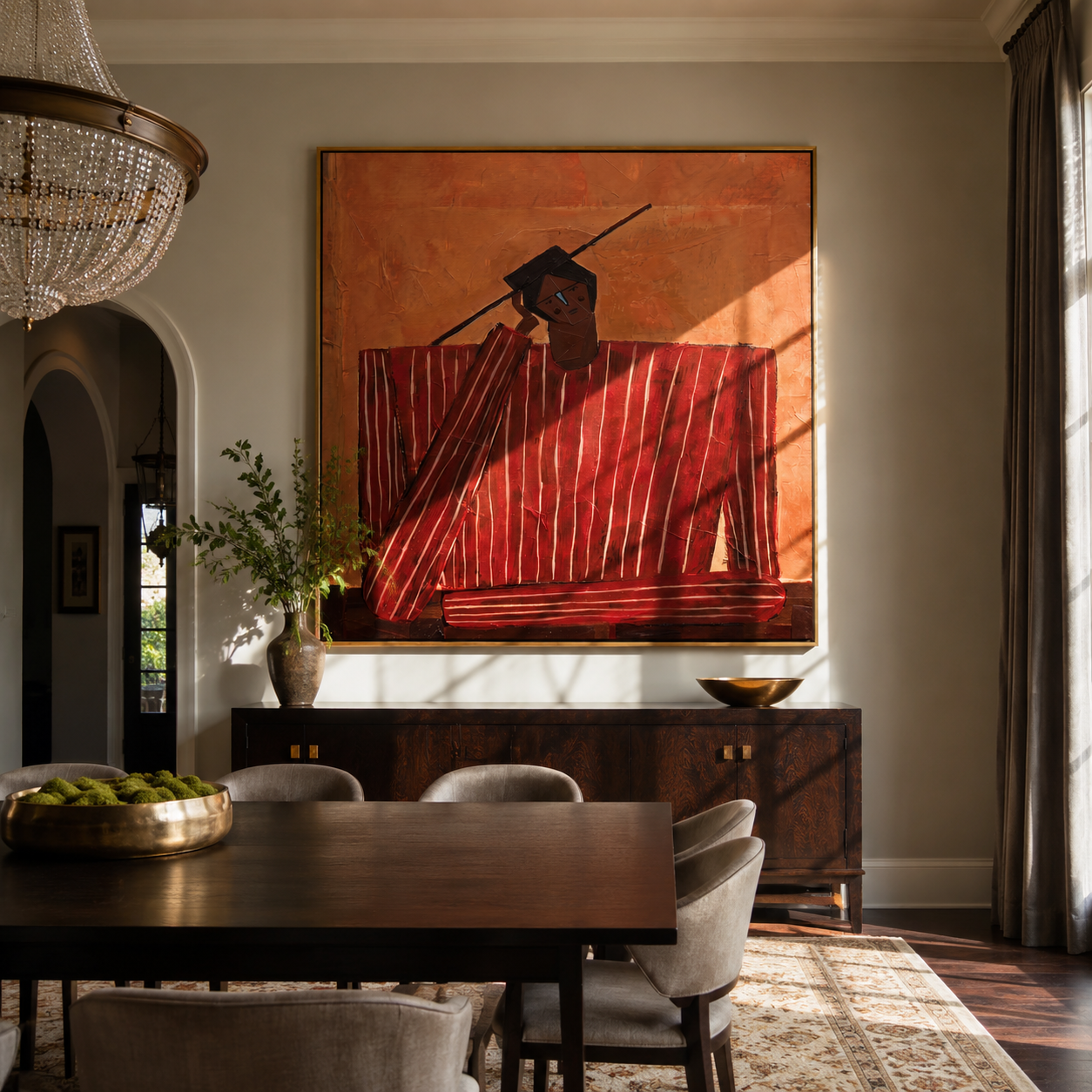 Scarlet Checks Hold Thought styled with neutral modern furnishings