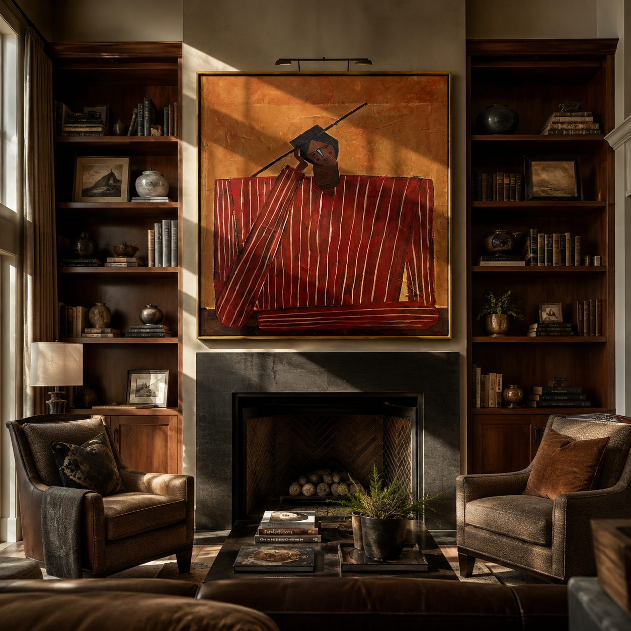 Scarlet Checks Hold Thought presented above a contemporary console