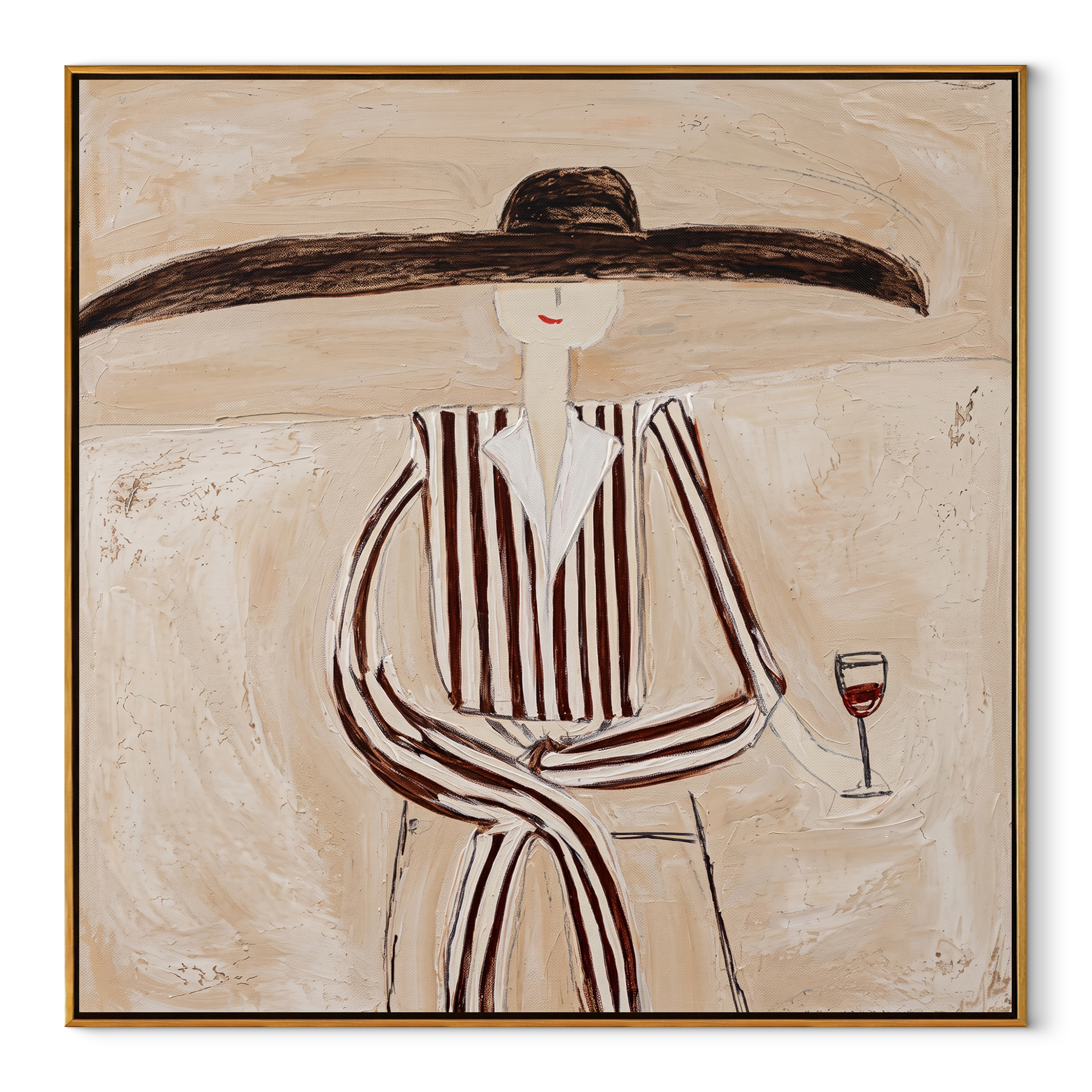 Striped Figure Holds Wine abstract figurative textured painting, square canvas artwork